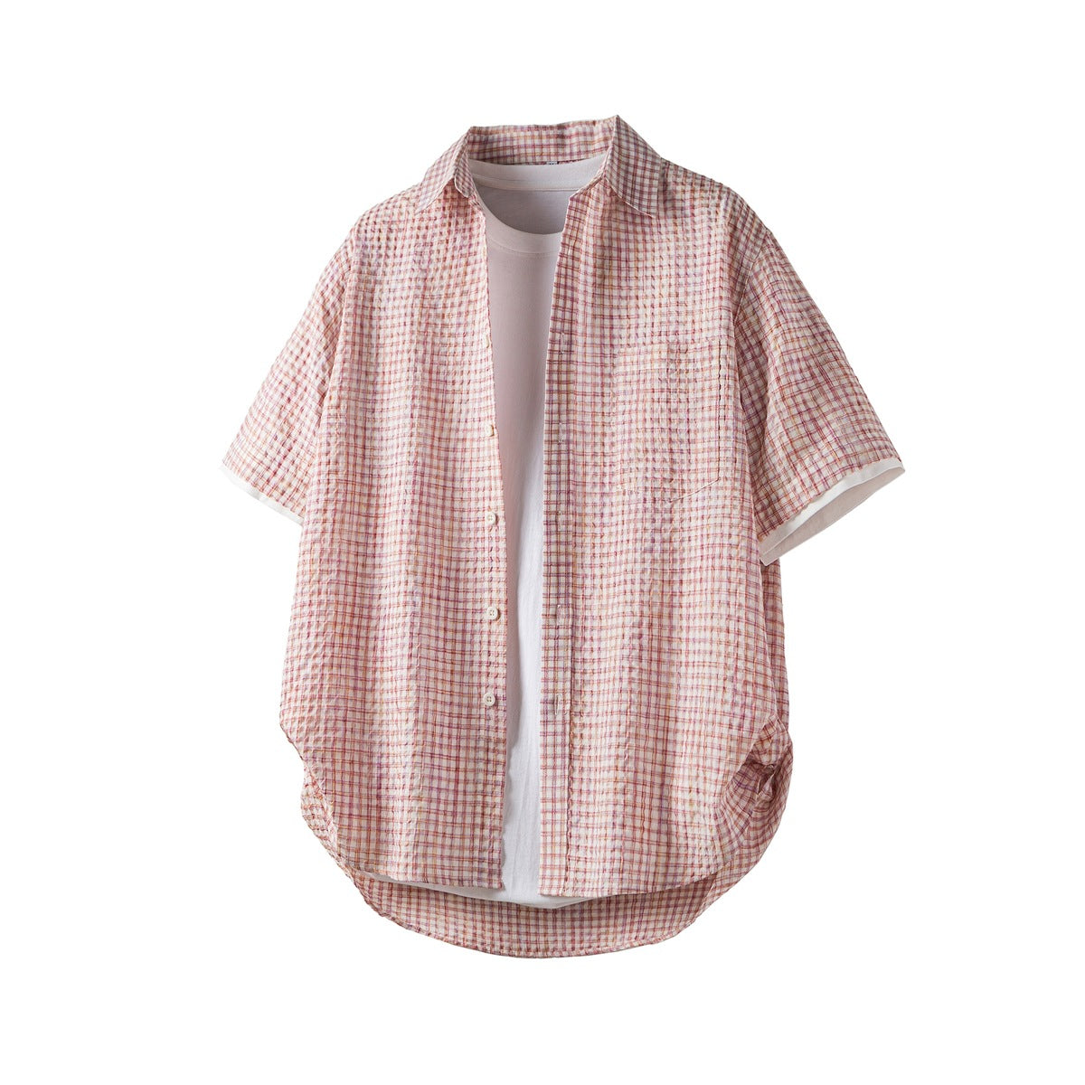 Pink check short-sleeve button-up shirt, front view, open over a white tee on a plain white background