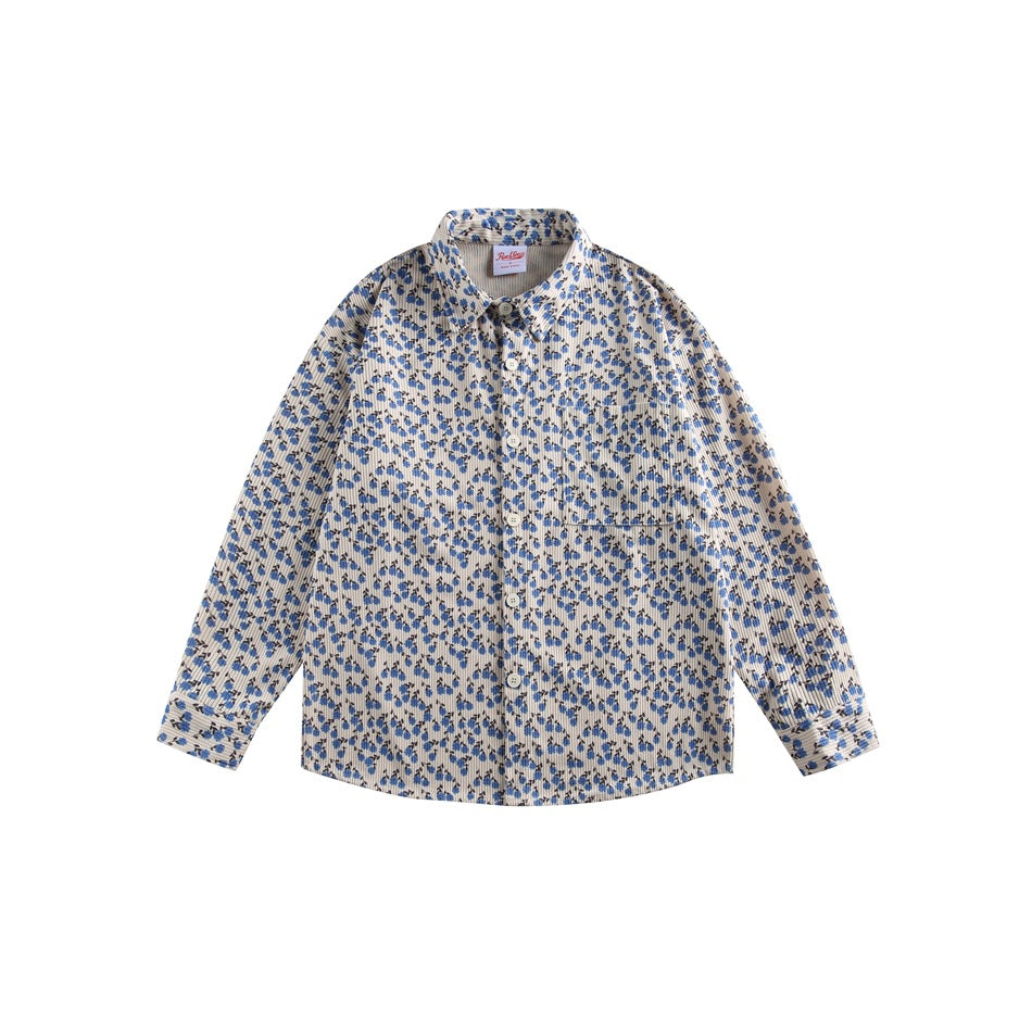 Blue floral print long-sleeve button-up shirt with pointed collar and chest pocket, flat lay on white