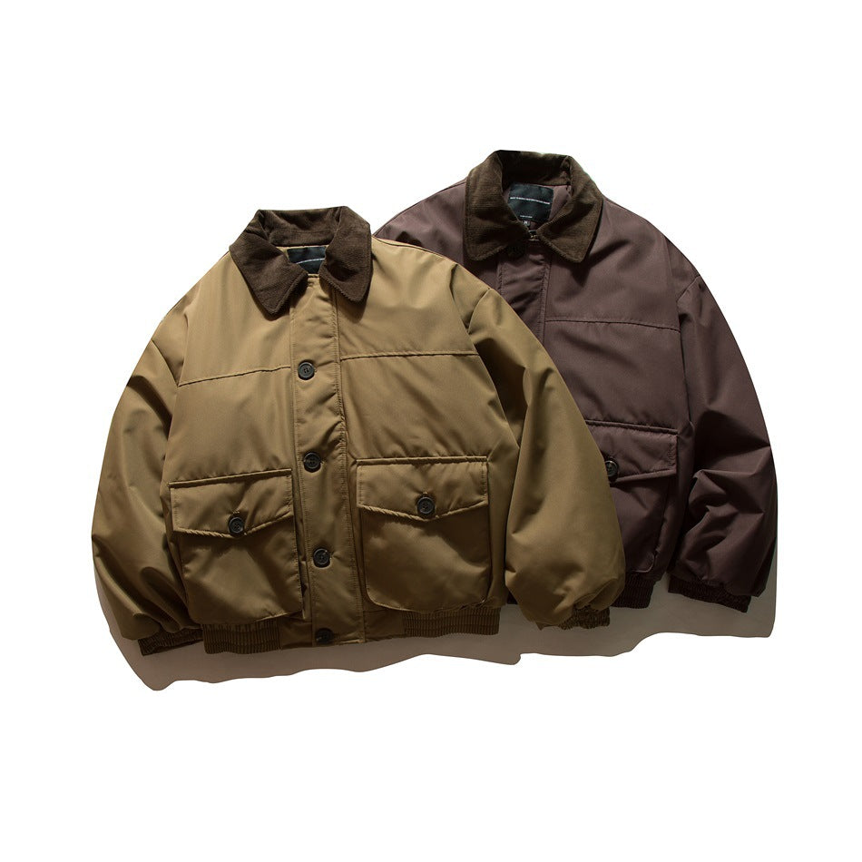 Two jackets displayed from the front: tan and dark brown, each with a dark collar and buttoned pockets.