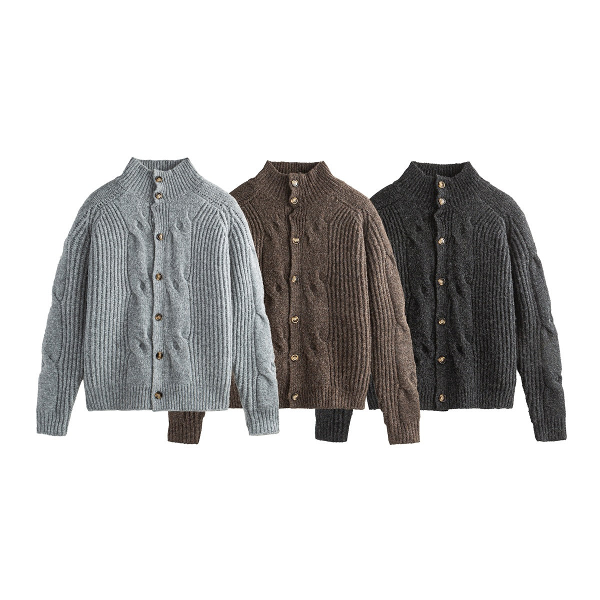 Three button-front, high-neck knit cardigans shown from the front in light gray, brown, and charcoal.