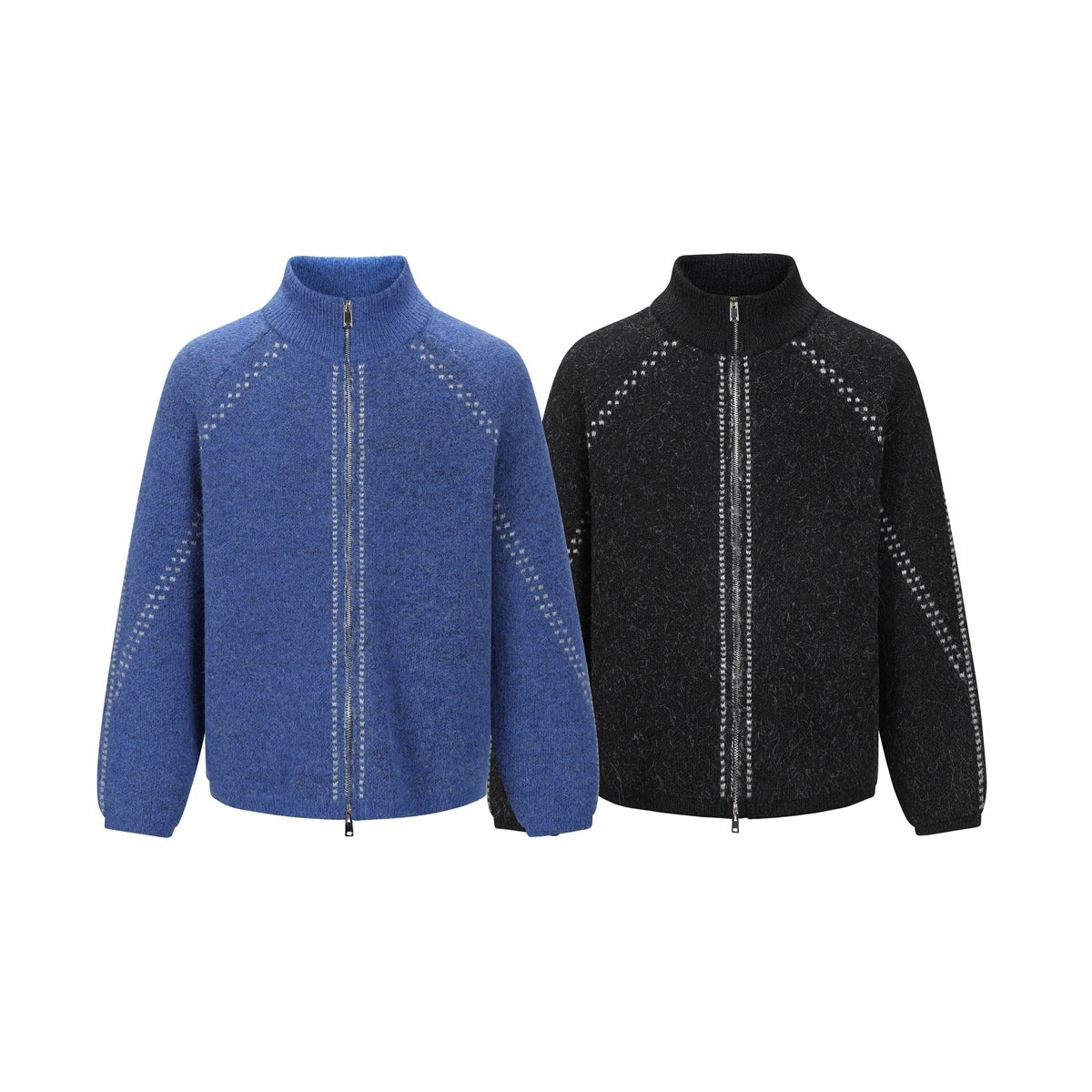 Front view of blue and black zip-up knit cardigans with stand collars and light dotted accents.