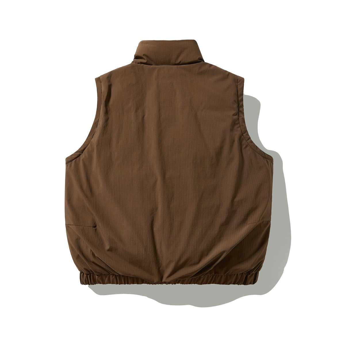 Rear view of a brown sleeveless vest with a high stand collar, side pockets, and an elasticated hem.