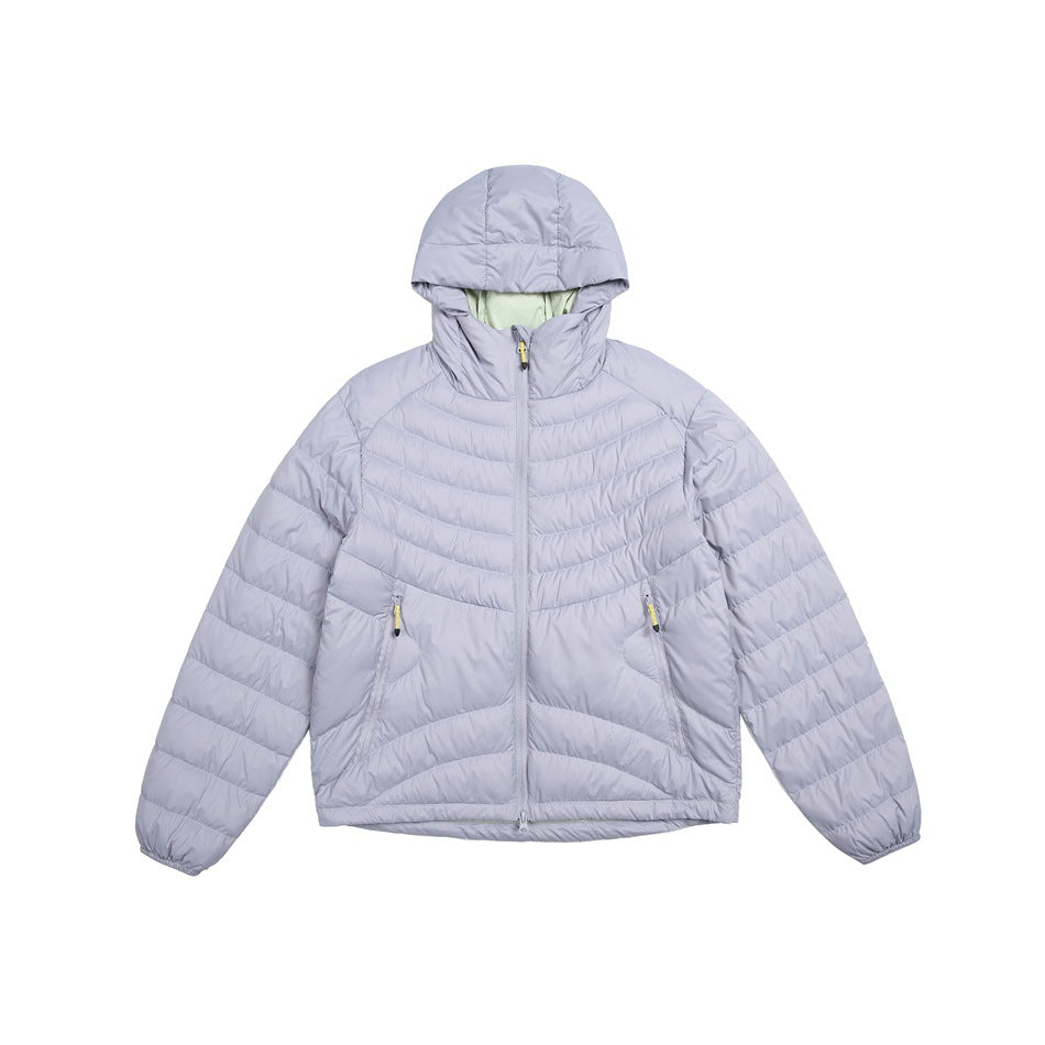 Light purple hooded quilted puffer jacket, front view flat lay, with zipper and yellow-pull pockets