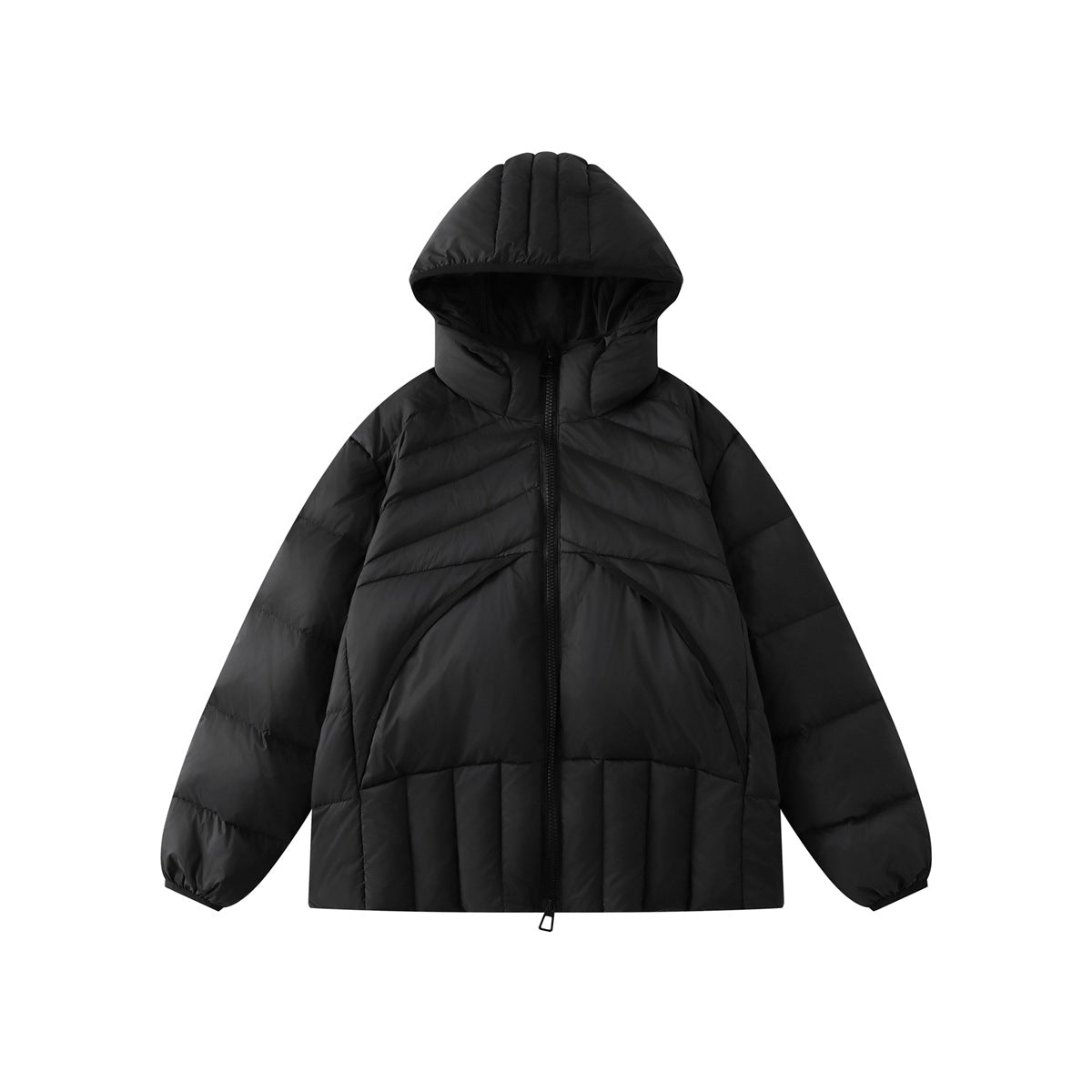 Black hooded puffer jacket with front zipper, quilted channels and elasticized cuffs, flat front view on white background