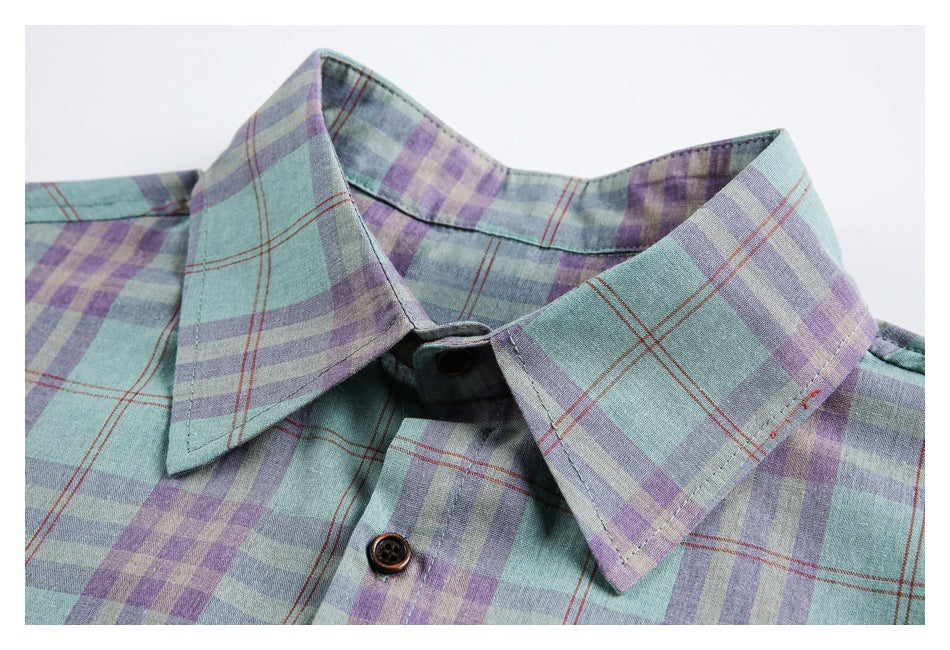 Close-up of the shirt's pointed collar, top button and teal, lavender and muted red plaid.