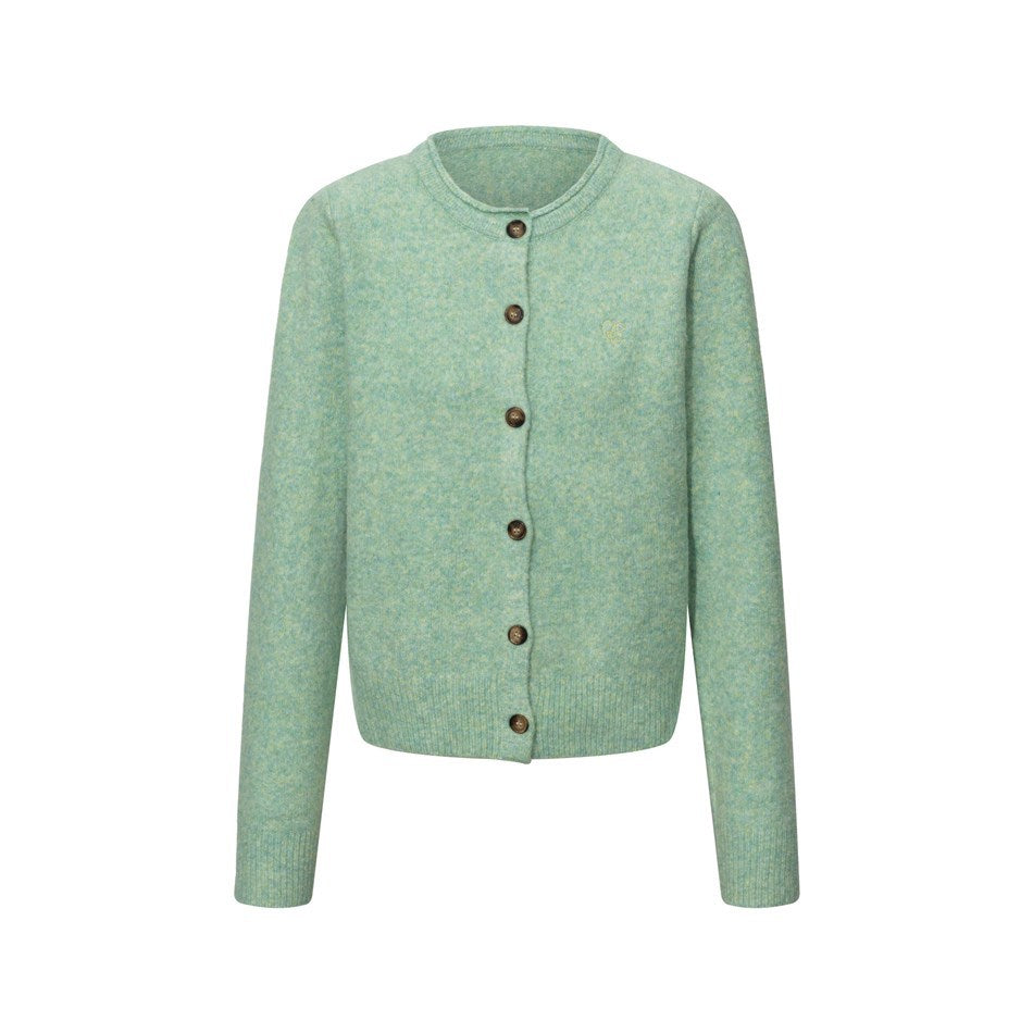 Mint green heathered knit cardigan with round neck, brown buttons and ribbed hem, flat front view