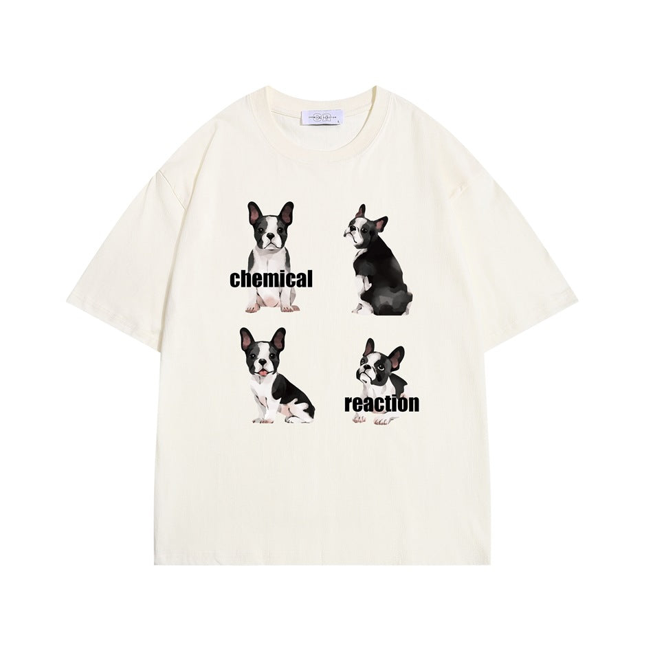 Cream short-sleeve crew-neck T-shirt with four dog illustrations and black chemical reaction text