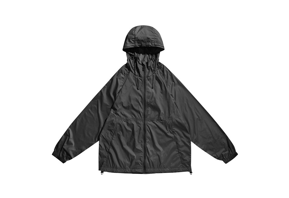 Black hooded zip-up lightweight jacket flat lay, front view with drawcord hood and elastic cuffs