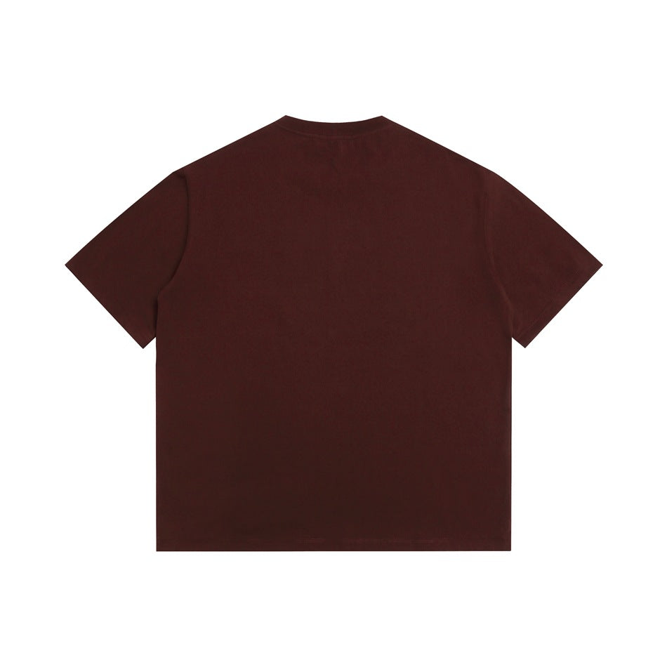 Back view of a plain burgundy short-sleeve crew-neck T-shirt flat lay