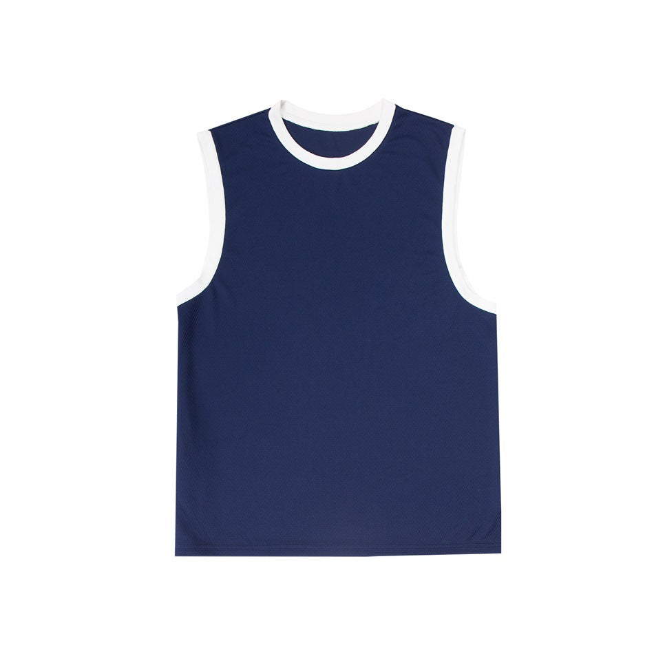 Navy blue sleeveless crew-neck tank top with white contrast binding at the neckline and armholes, flat lay