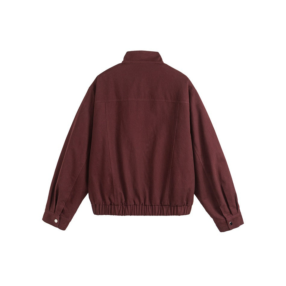Back view of a burgundy jacket displayed flat against a white background.