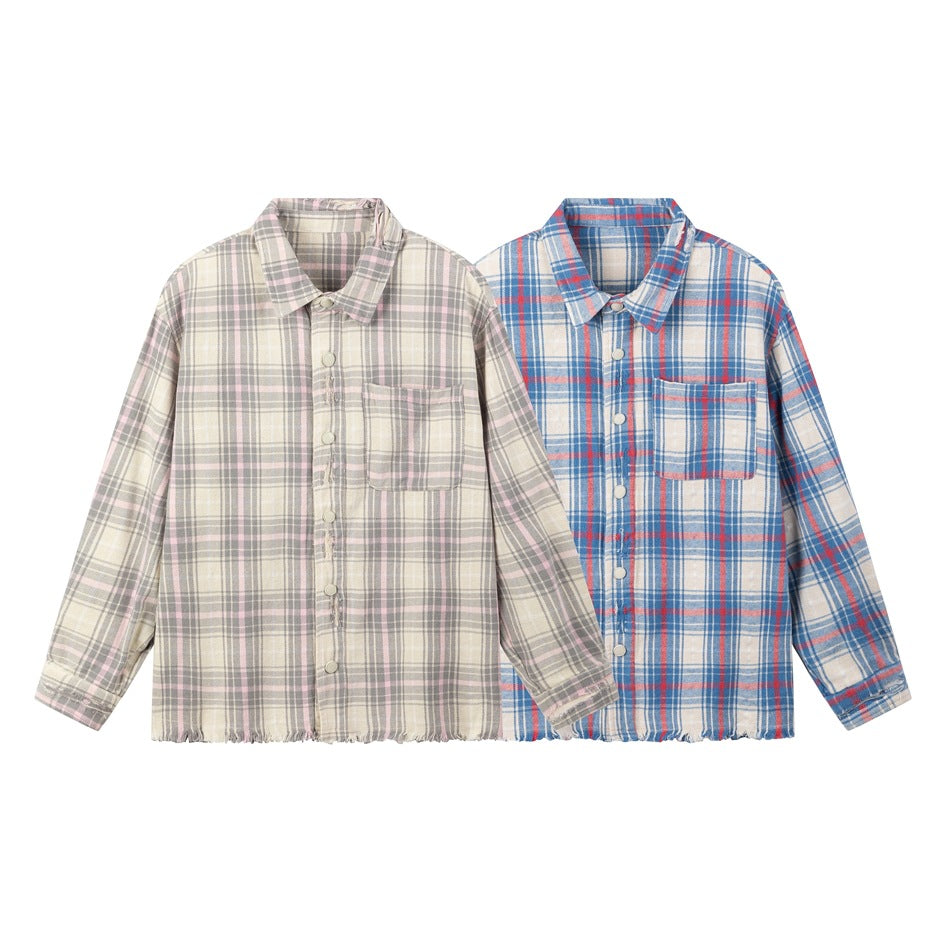 Two button-up plaid shirts shown side by side: one muted pastel and one blue with red accents.