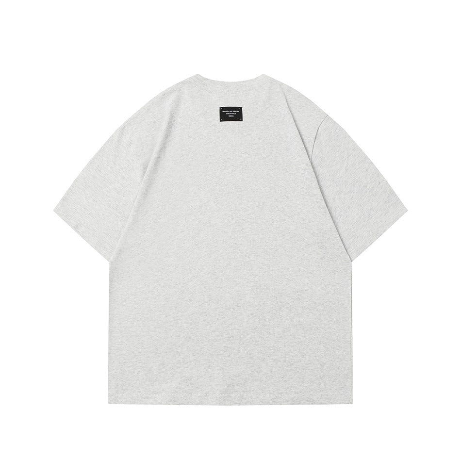 Back view of a light gray short-sleeve T-shirt, flat against a white background, with a small black neck label.