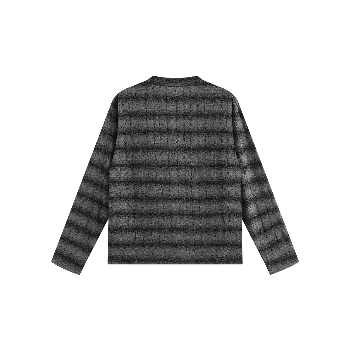 Back view of a gray long-sleeve crewneck shirt with a subtle dark check pattern.