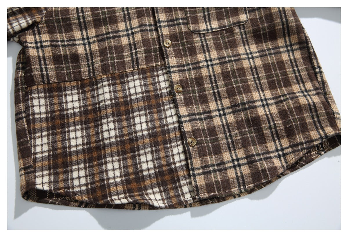 Flat-lay view of a brown plaid button-front shirt with a chest pocket and curved hem.