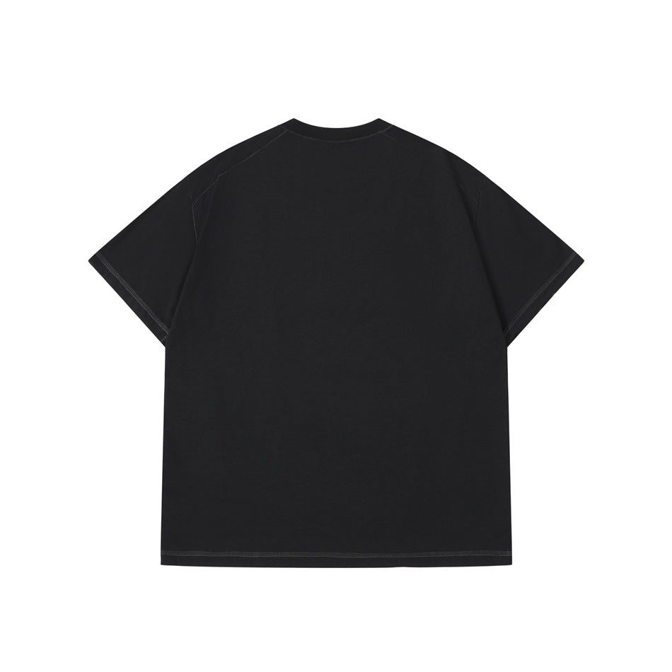 Back view of a black short-sleeve crew-neck T-shirt with raglan seams and tonal stitching.