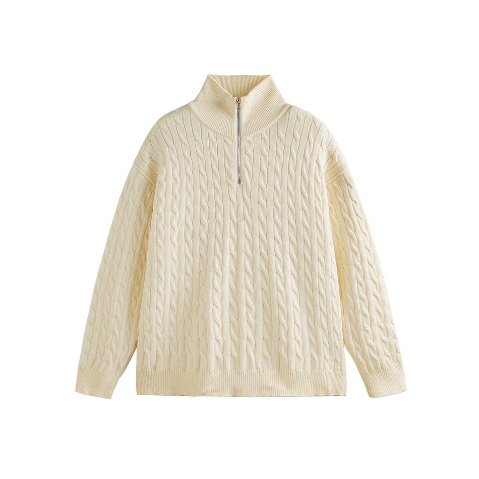 Off-white cable-knit half-zip sweater with ribbed stand collar, flat front view