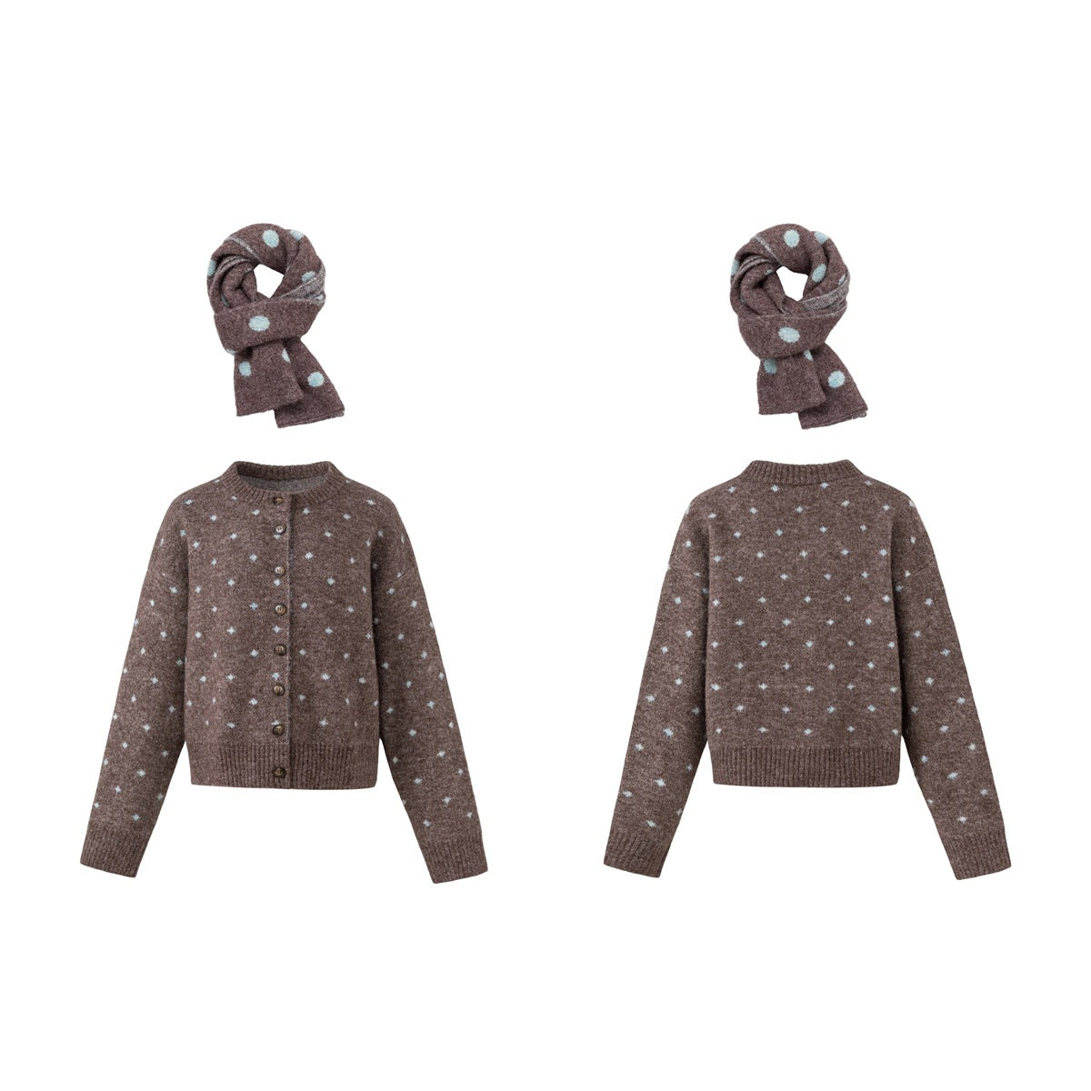 Flat lay of brown dotted cardigan front and back views with a matching dotted scarf above each
