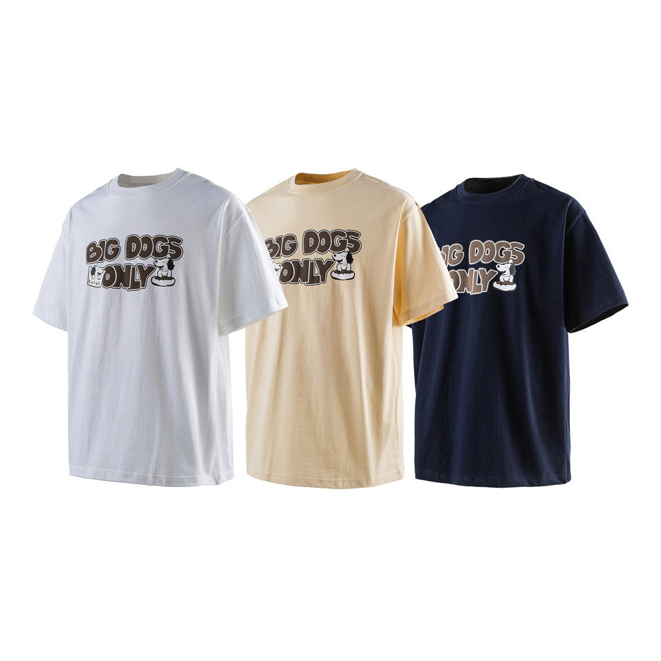 Three short-sleeve crew-neck T-shirts in white, pale yellow, and navy, each with a “BIG DOGS ONLY” dog graphic.