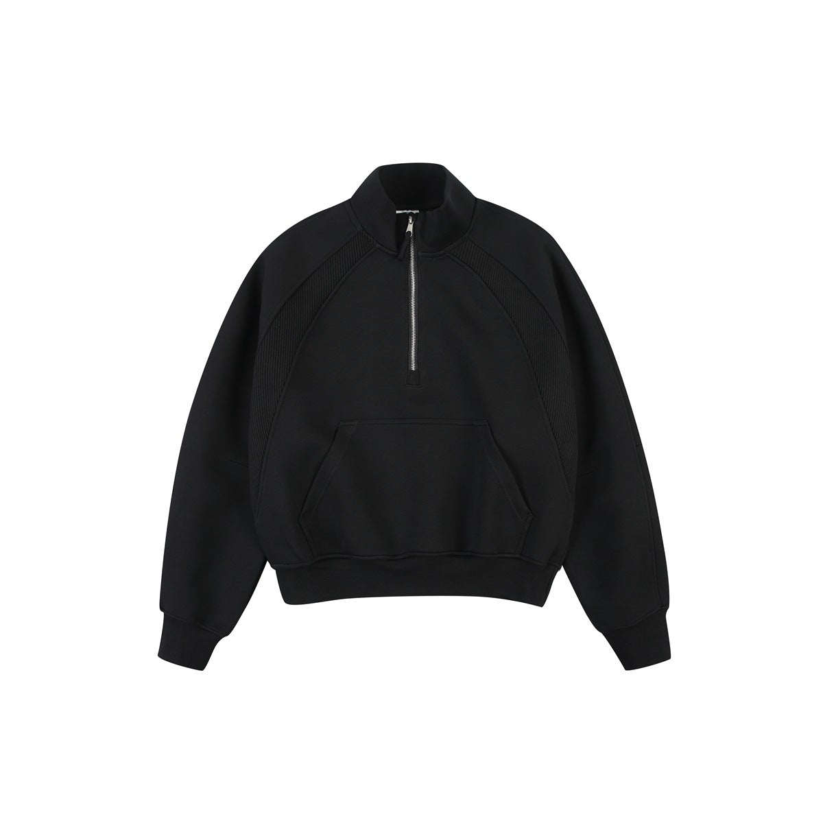 Black half-zip sweatshirt with stand collar, ribbed raglan panels, kangaroo pocket and ribbed cuffs, flat front view