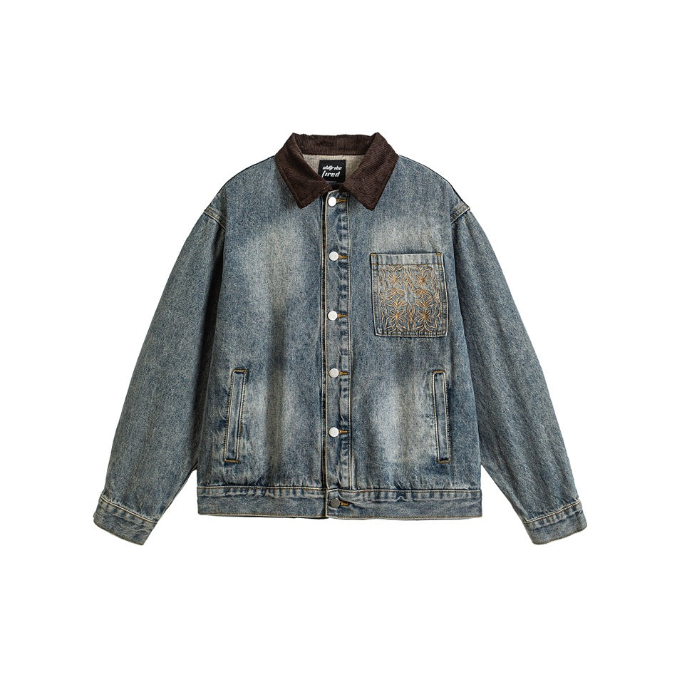 Blue washed denim jacket with brown corduroy collar, snap buttons and embroidered chest pocket, front view