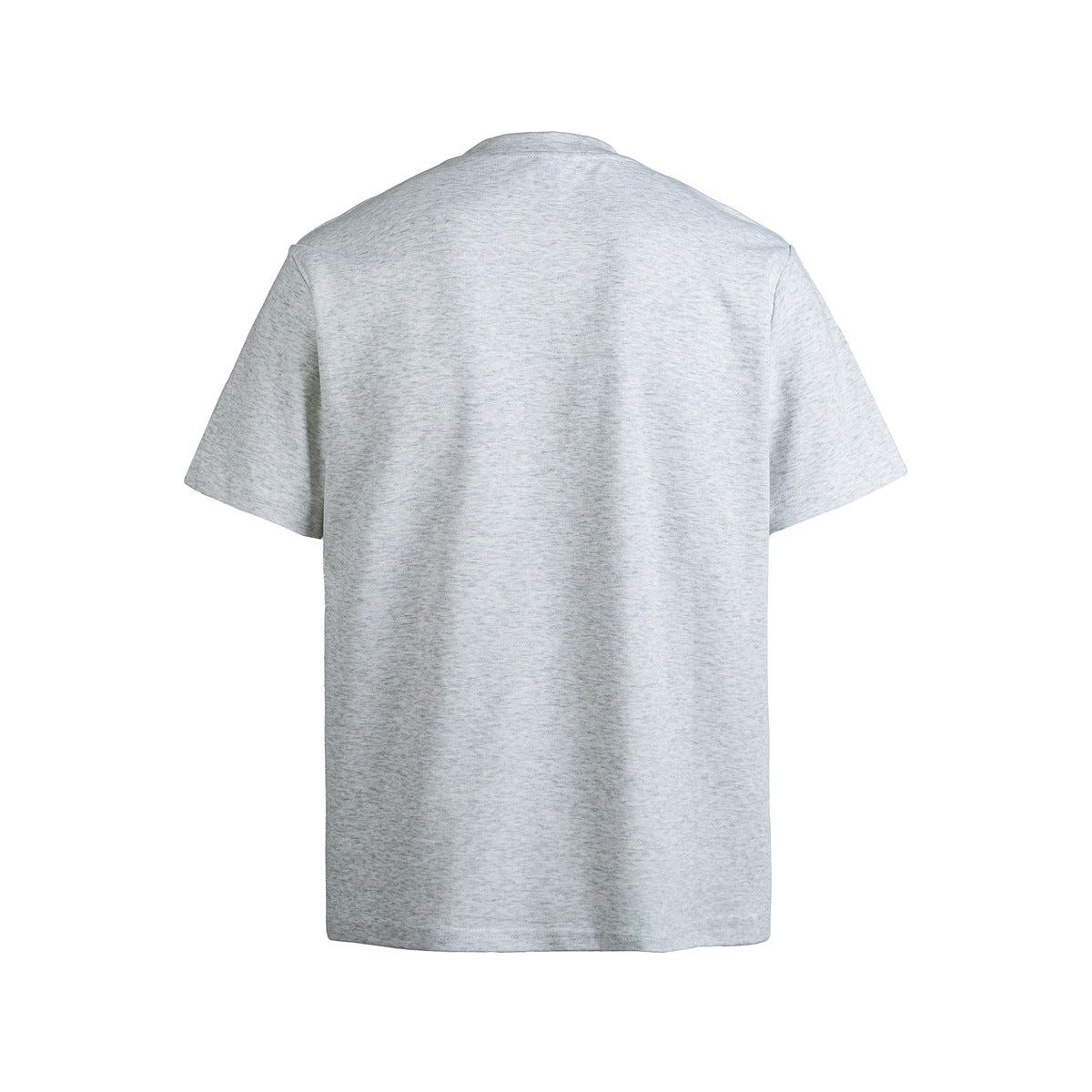 Back view of heather gray short-sleeve T-shirt with plain back and crew-style neckline