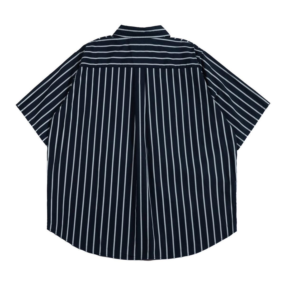 Back view of a dark navy short-sleeve button-up shirt with pale stripes arranged horizontally across the yoke and vertically