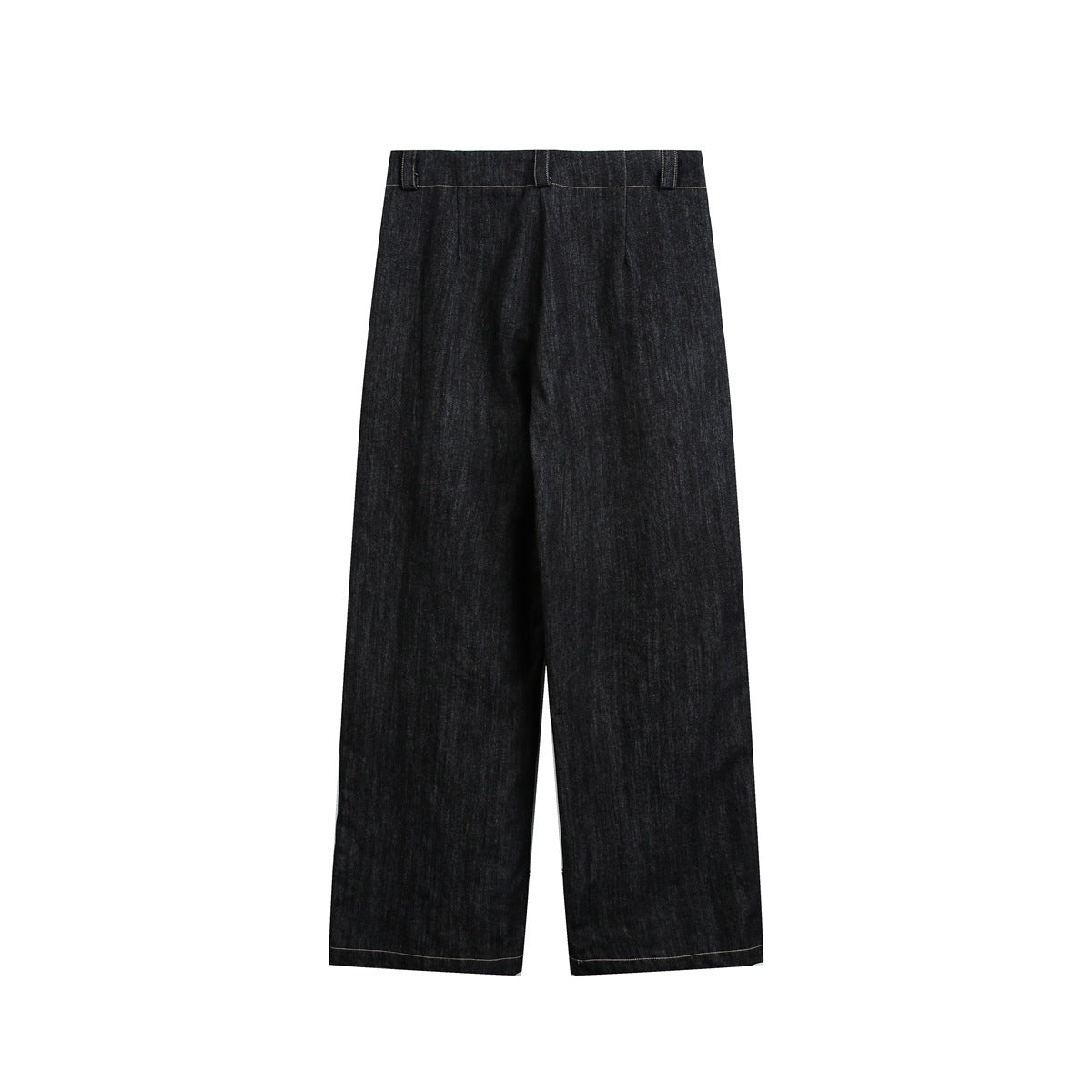 Back view of black wide-leg denim jeans with belt loops and tan topstitching