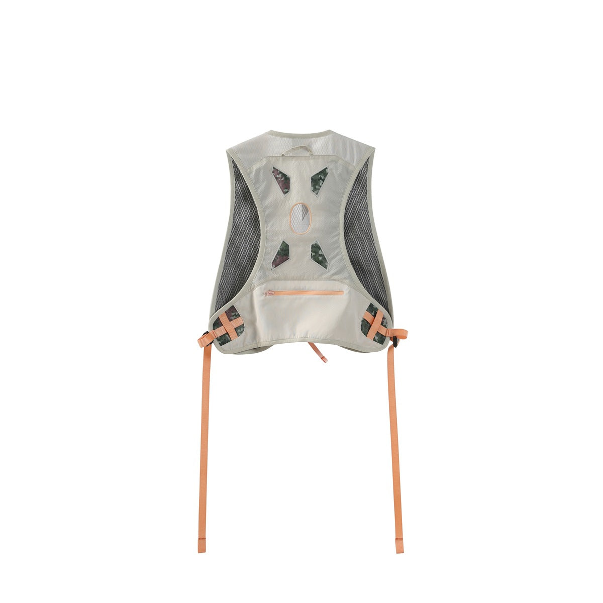 Back of a cream trail-running vest with mesh side panels, patterned accents, a horizontal zipper pocket and long orange