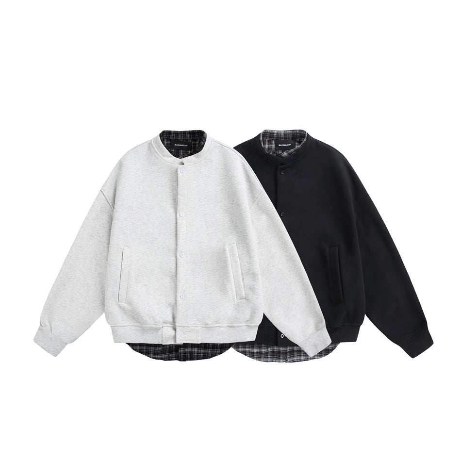 Two flat-lay button-front jackets: light gray and black, both with stand collars, side pockets, and plaid lining.