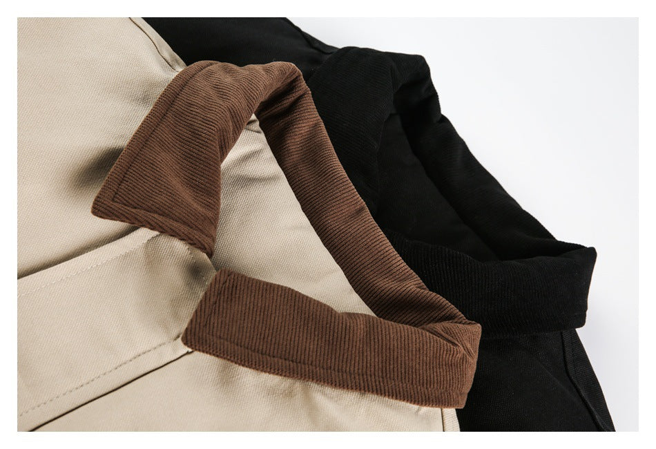 Close-up of brown ribbed collar trim on beige and black garments.