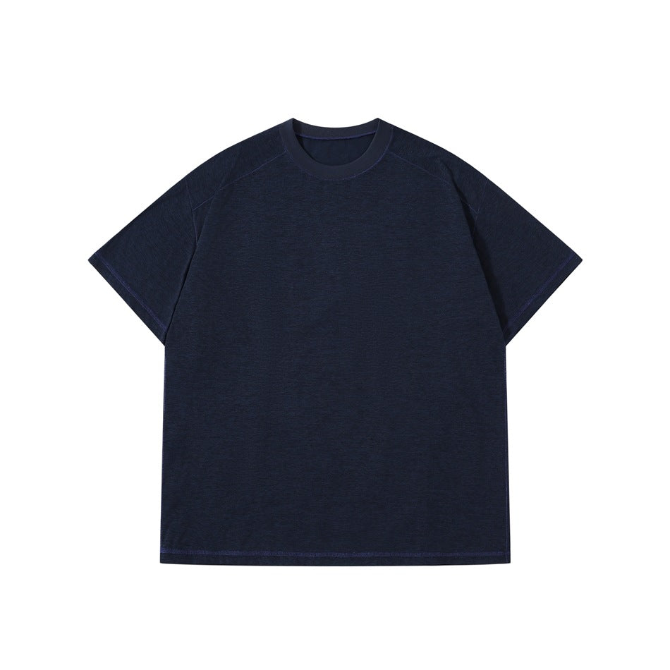 Navy short-sleeve crew-neck T-shirt flat lay with blue contrast topstitching