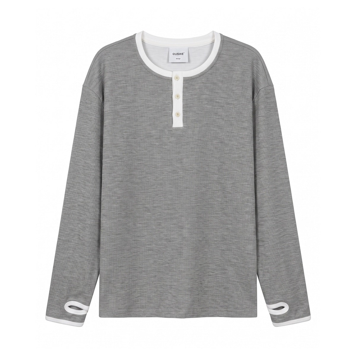 Heather gray ribbed long-sleeve Henley top with white trim, three buttons and thumbhole cuffs, front view
