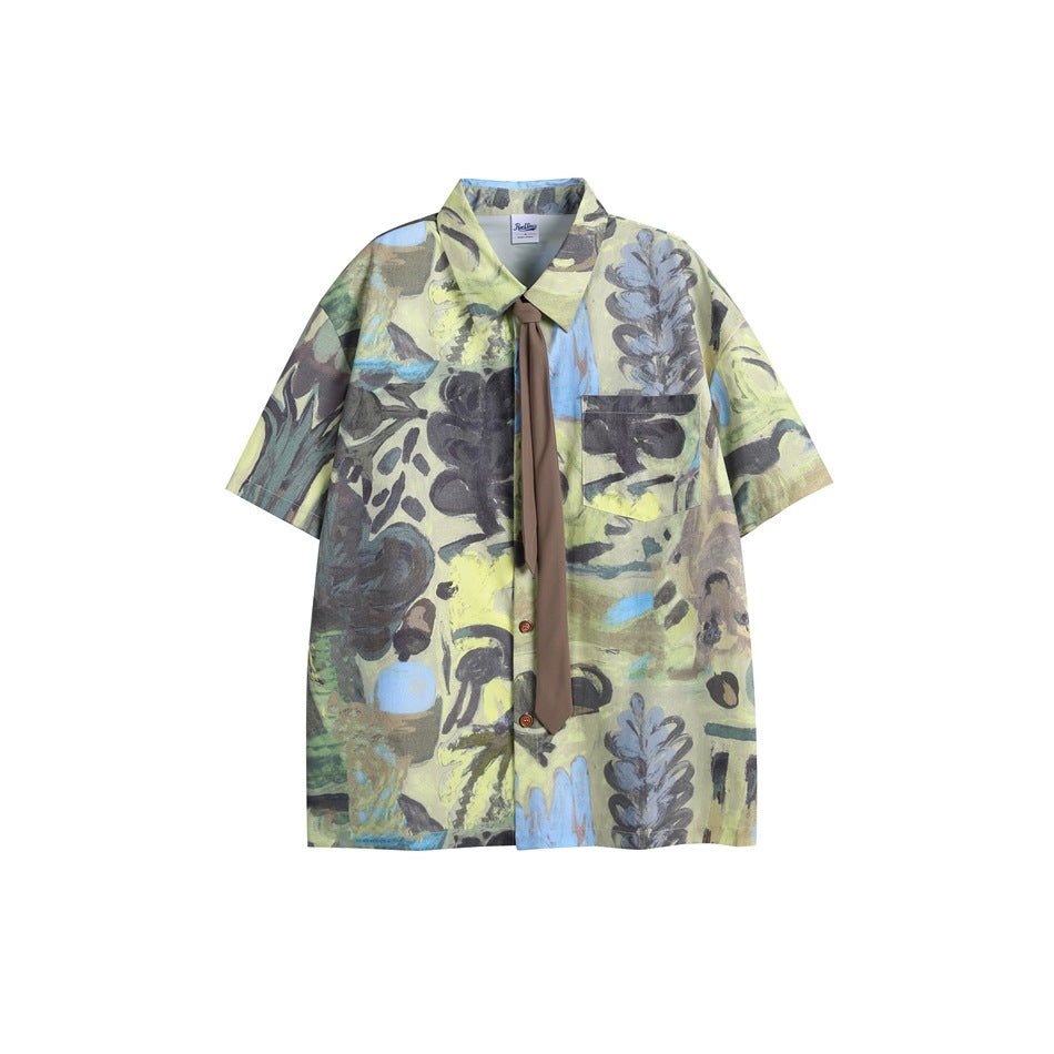 Green abstract print short-sleeve shirt with taupe-brown necktie, flat lay front view