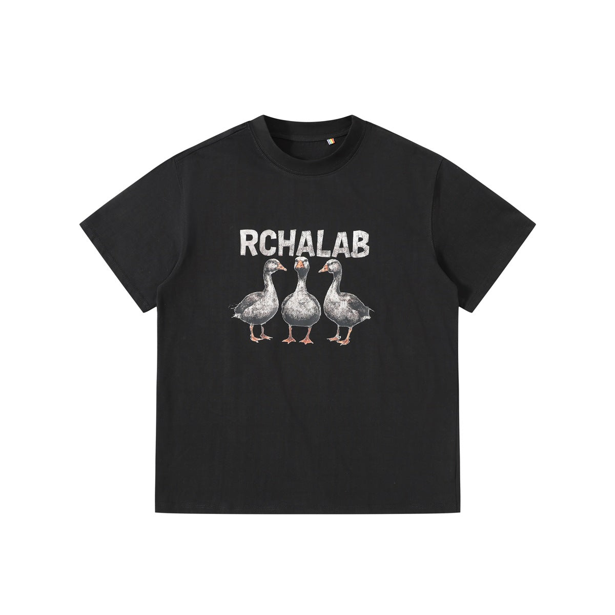 Black short-sleeve crew-neck T-shirt with three geese graphic and RCHALAB lettering, flat front view