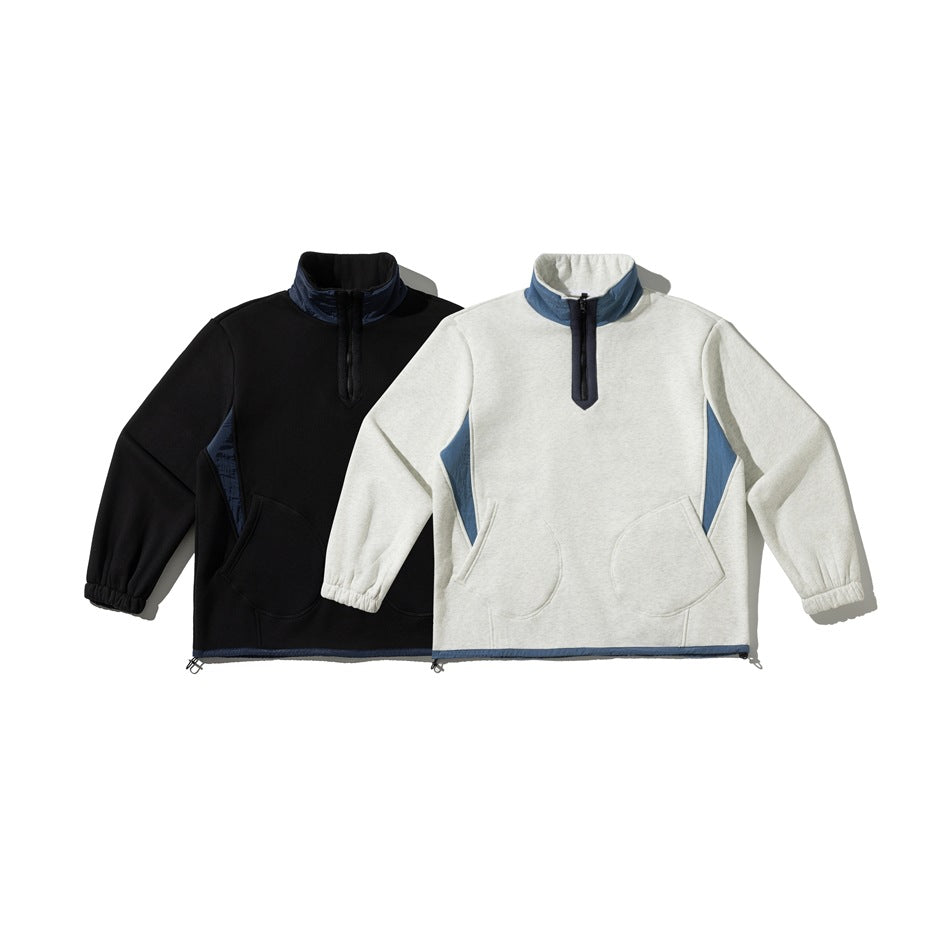Two pullover colorways shown flat: black with dark blue accents and light gray with blue accents.