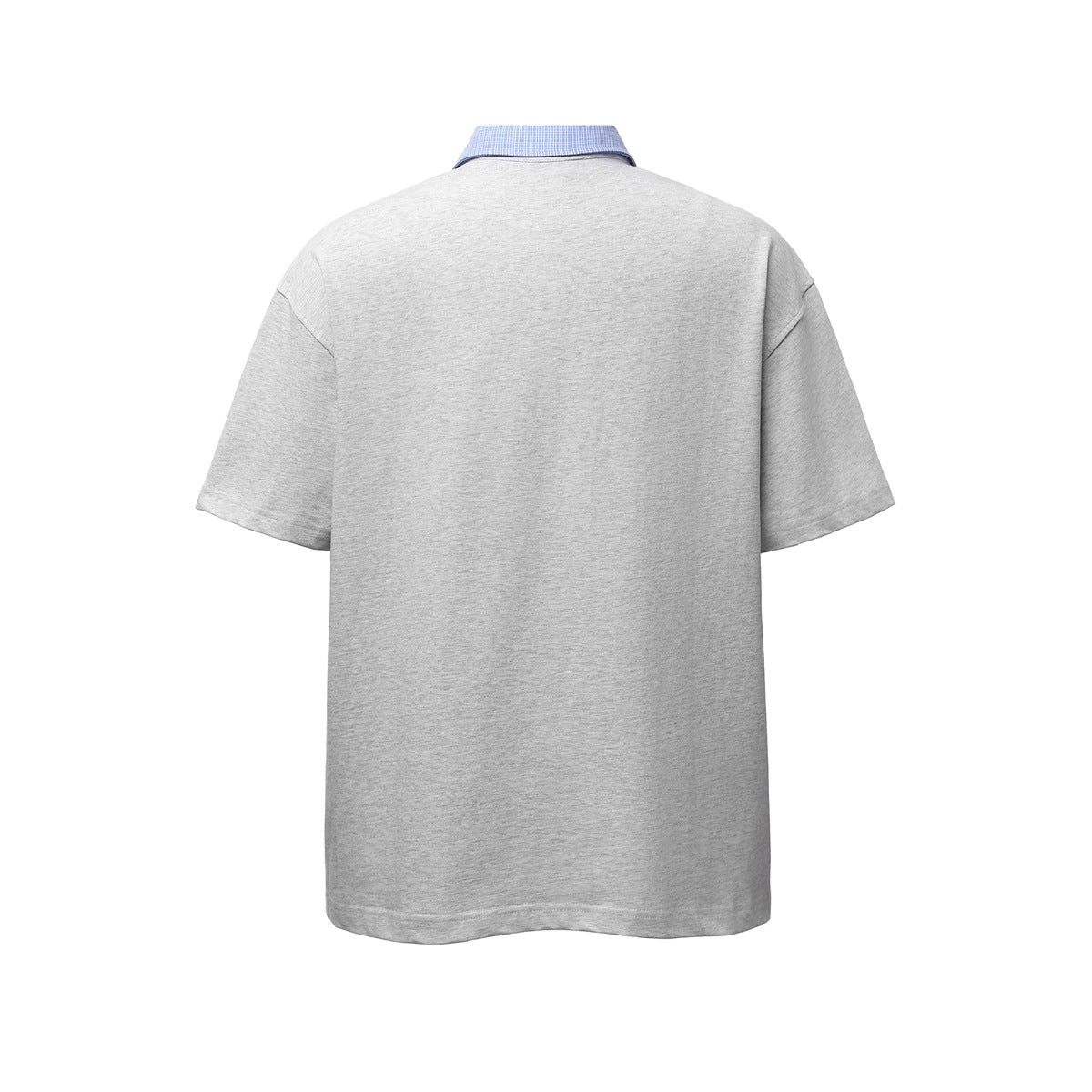 Back view of a light gray short-sleeve polo shirt with a blue checked collar.