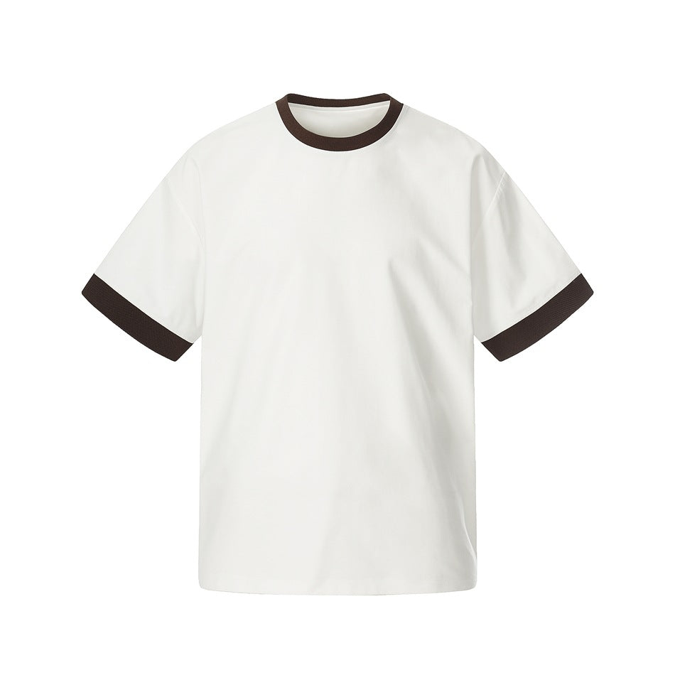 White short-sleeve crew neck t-shirt with dark brown contrast trim at the collar and sleeve cuffs, front flat view