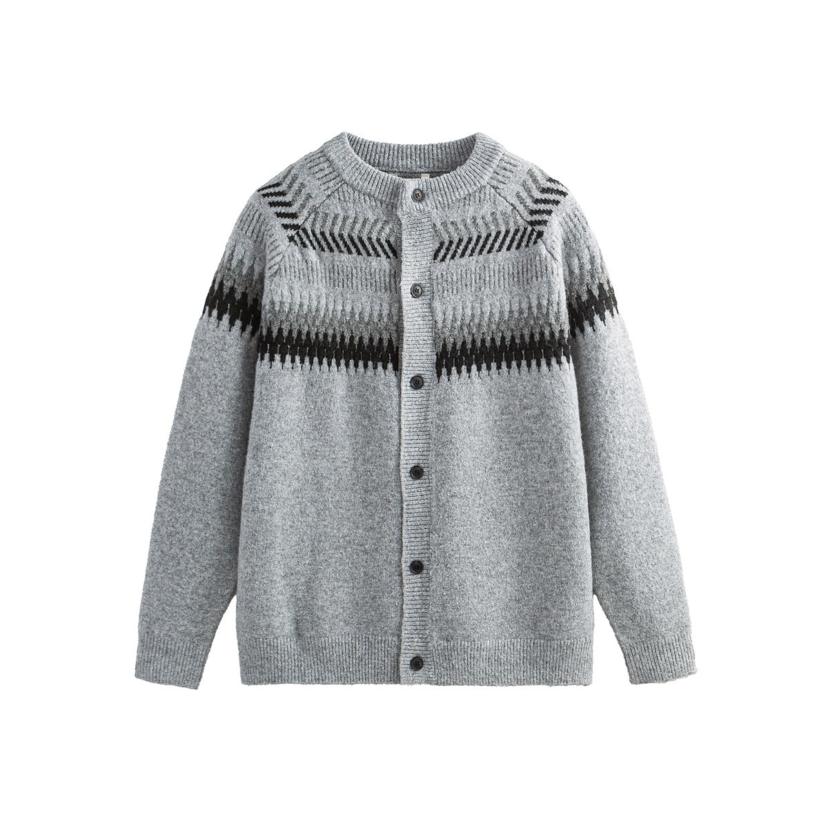 Heathered gray button-front knit cardigan with black Fair Isle-style yoke pattern, flat lay front view