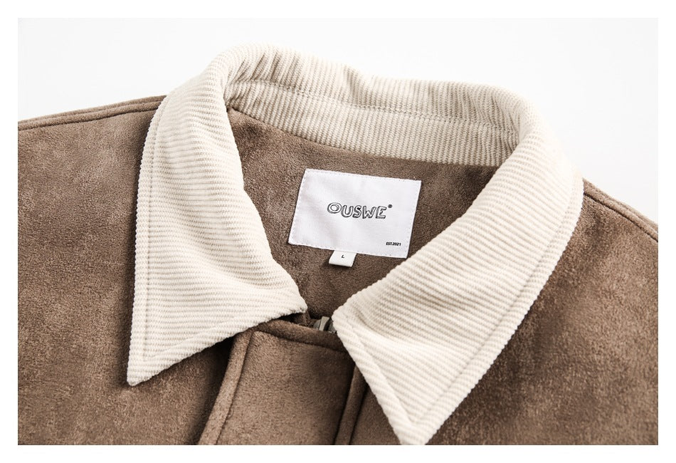 Close-up of a brown jacket with a wide cream ribbed collar and sewn-in neck label.