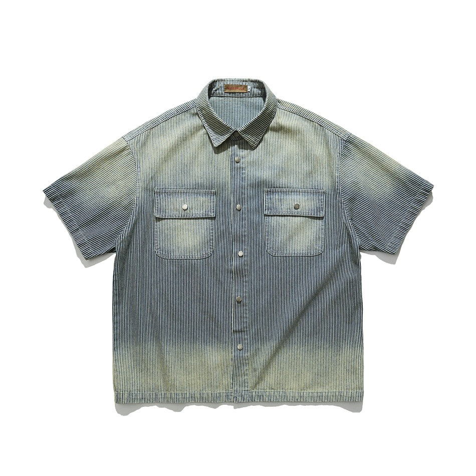Striped faded denim short-sleeve shirt with two snap flap chest pockets, flat lay front view