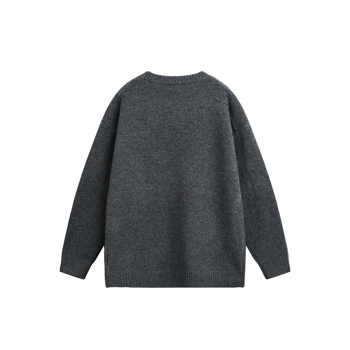 Back view of a dark charcoal knit cardigan with long sleeves and ribbed collar, cuffs, and hem.