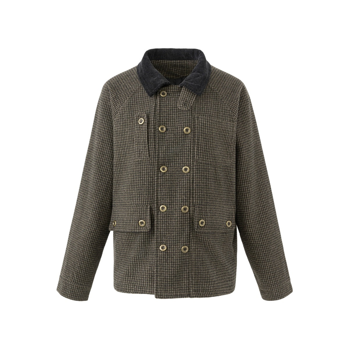 Brown-gray houndstooth double-breasted jacket with dark corduroy collar, brass buttons and flap pockets, flat front view
