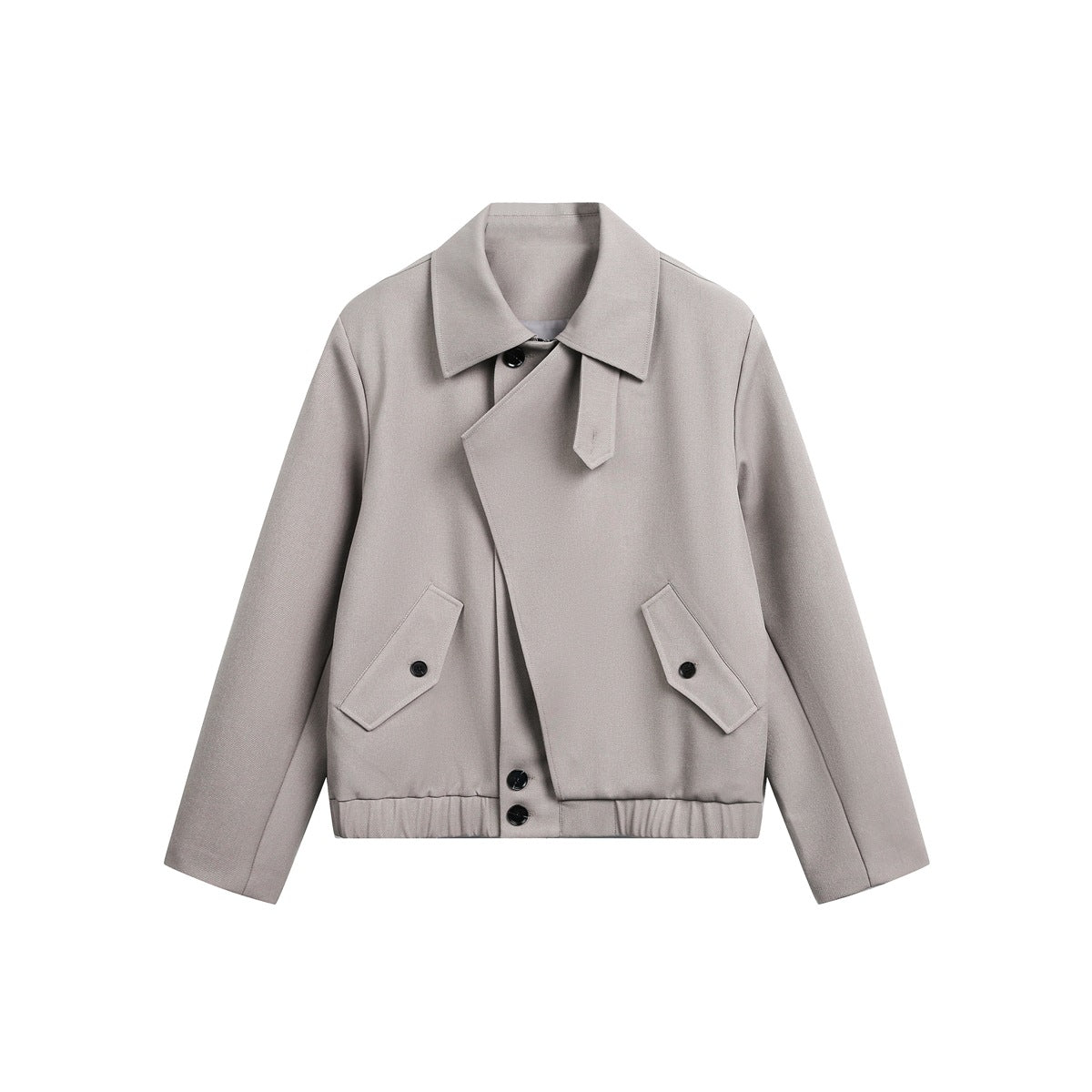 Light gray cropped jacket flat lay with fold-over collar, asymmetric front, flap pockets and elastic hem