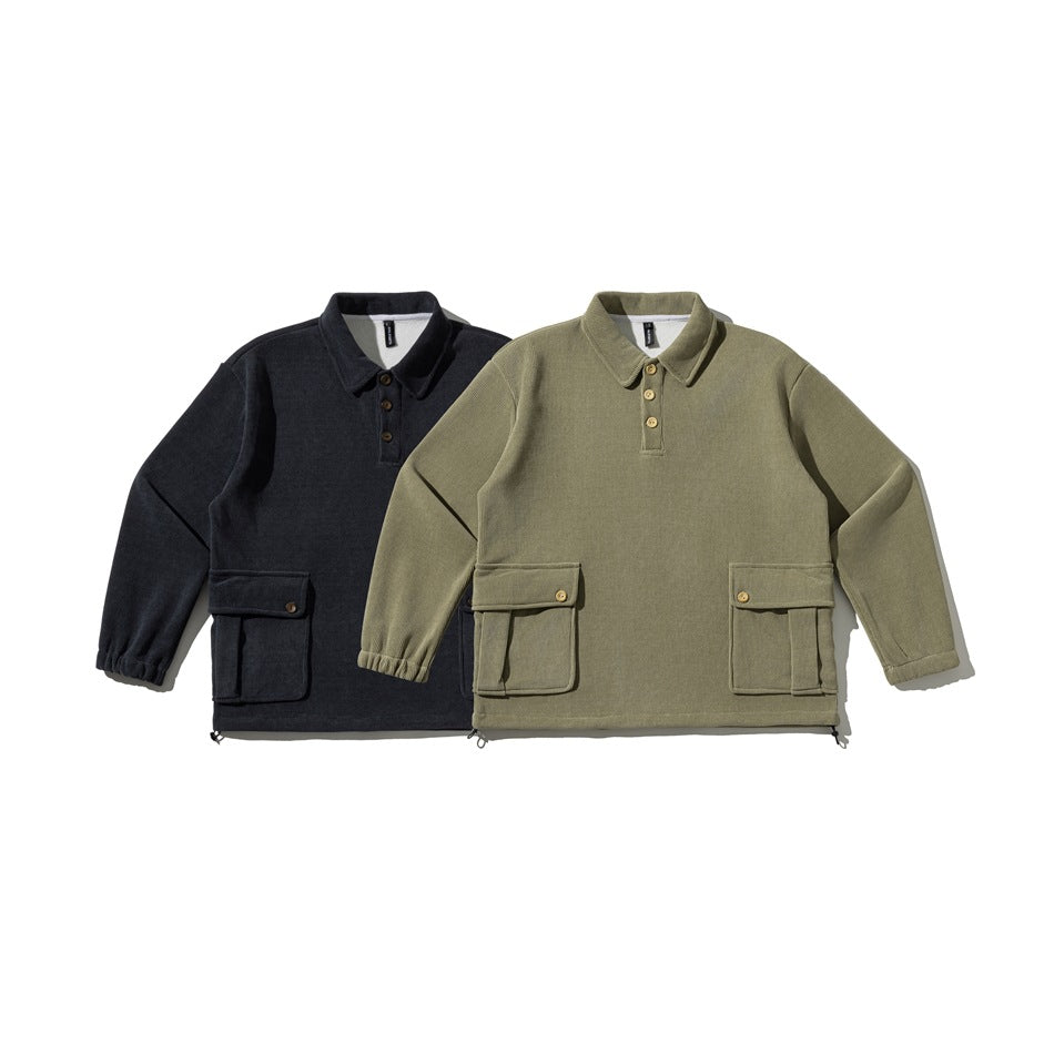 Two collared pullovers shown side by side in black and olive, each with a button placket and large flap pockets.