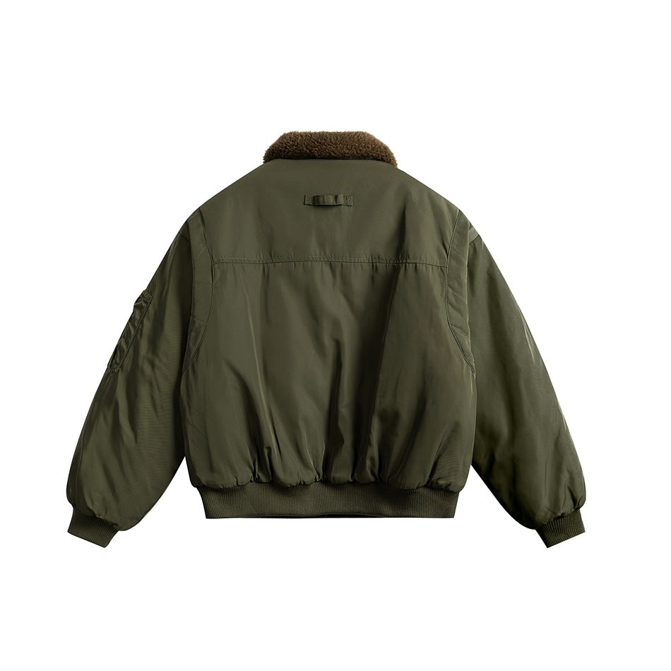 Back view of an olive bomber jacket with a brown plush collar, gathered sleeves, and rib-knit cuffs and hem.