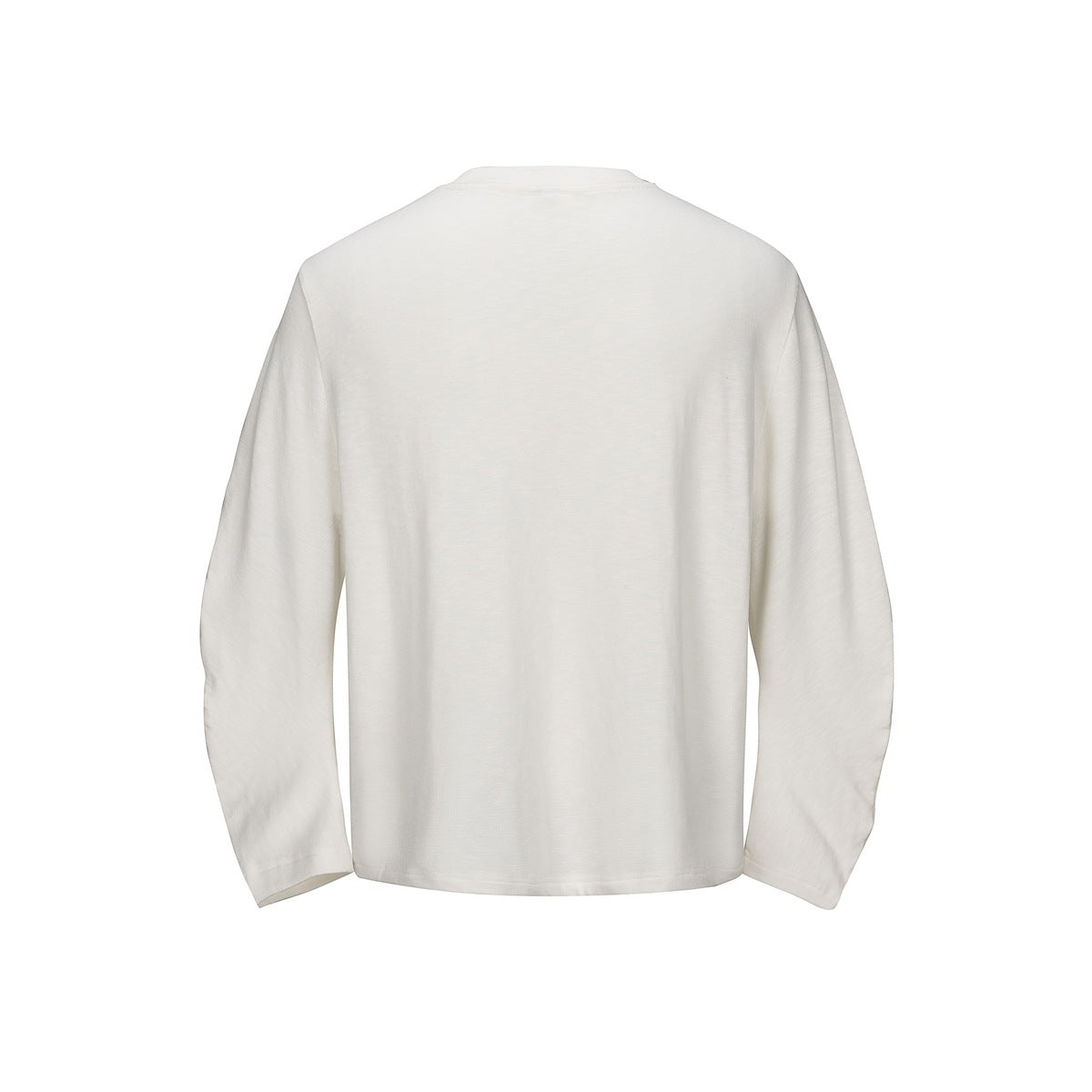 Back view of a plain off-white long-sleeve crew-neck T-shirt laid flat against a white background.