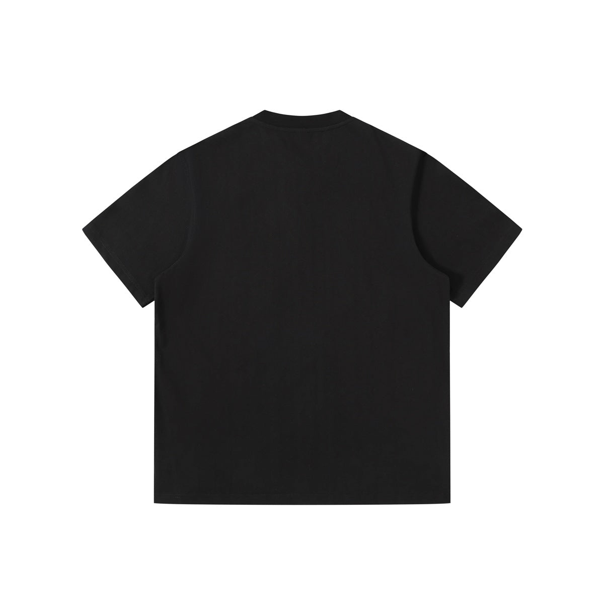 Back view of a plain black short-sleeve T-shirt with a crew neckline.