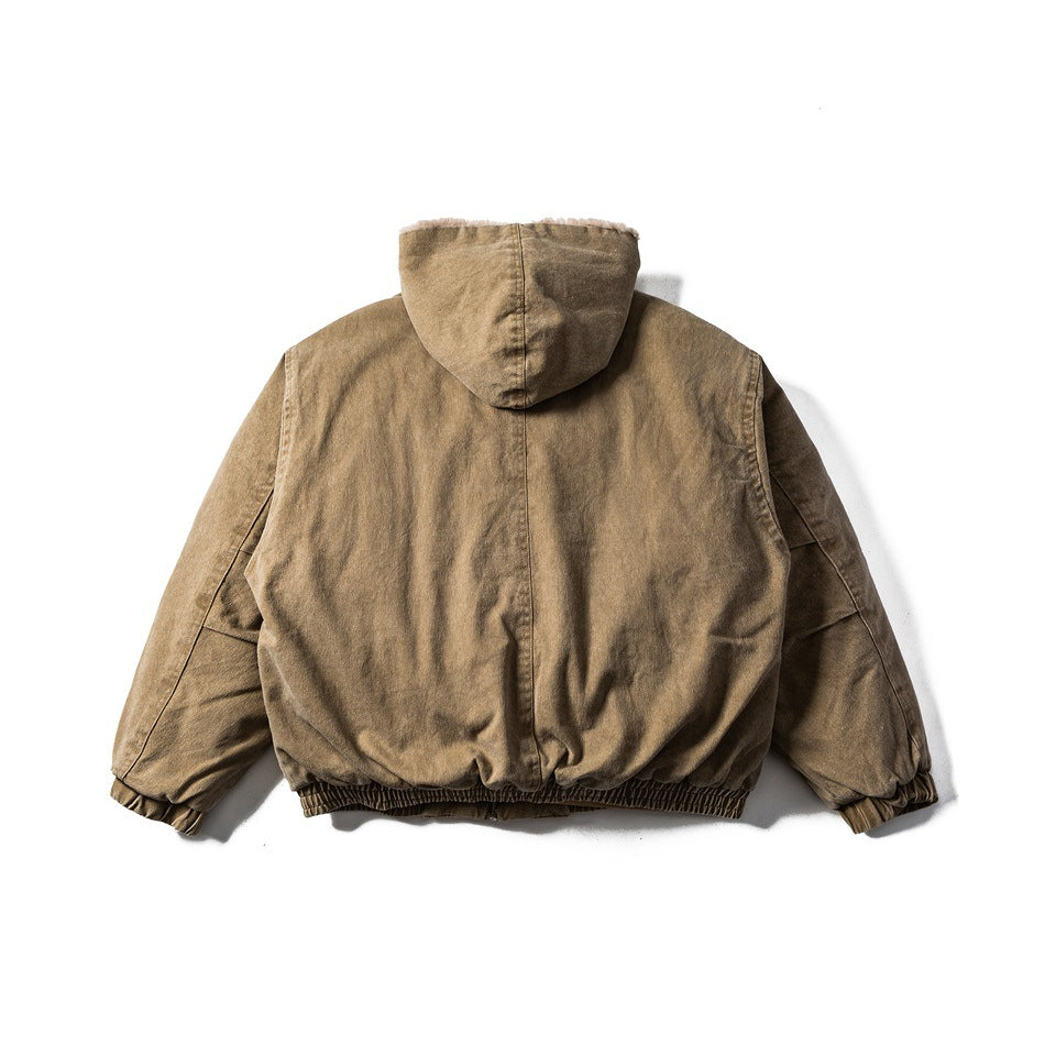 Back view of a brown hooded jacket with a center seam and elasticated cuffs and hem.