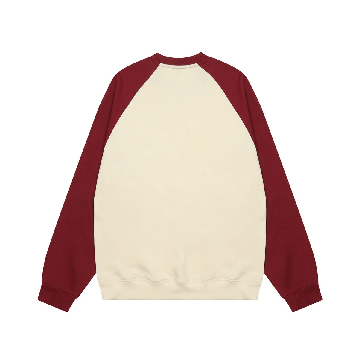 Flat-lay front view of a plain cream crewneck sweatshirt with burgundy raglan sleeves and ribbed trim.